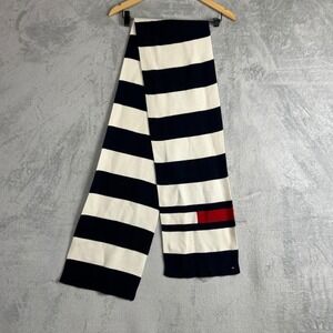 Tommy Hilfiger Striped Knit Scarf Navy Blue White Signature Logo Fall Preppy 90s